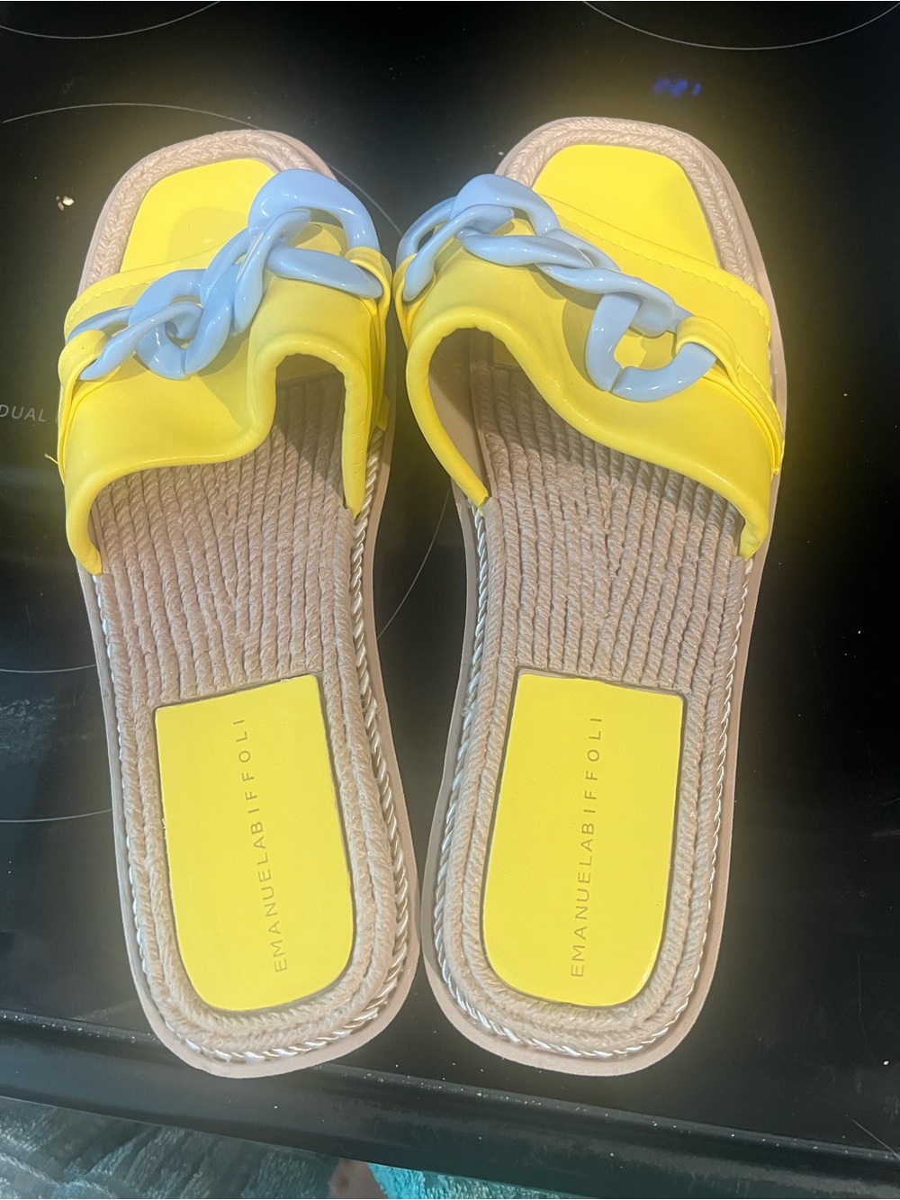 Yellow Slide Mules with Light Blue Chain